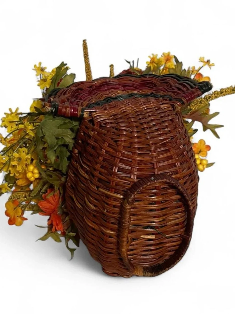 Vintage Turkey Wicker Basket Floral Flower Arrangement Fall Yellow Orange Decor